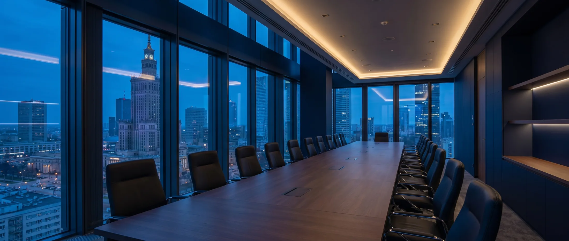 The Warsaw skyline at blue hour from a modern boardroom